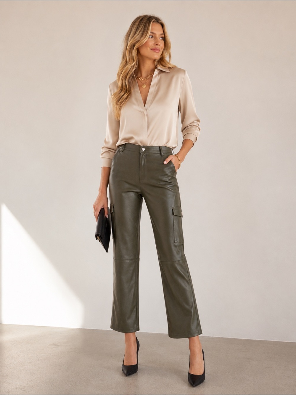Bagatelle Faux Leather Cargo Pants Olive Green Size Small NWOT